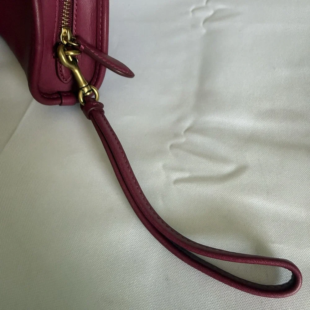 Coach Magenta Pink Glovetanned Leather Half Moon Mini Pouch Wristlet Bag Wallet